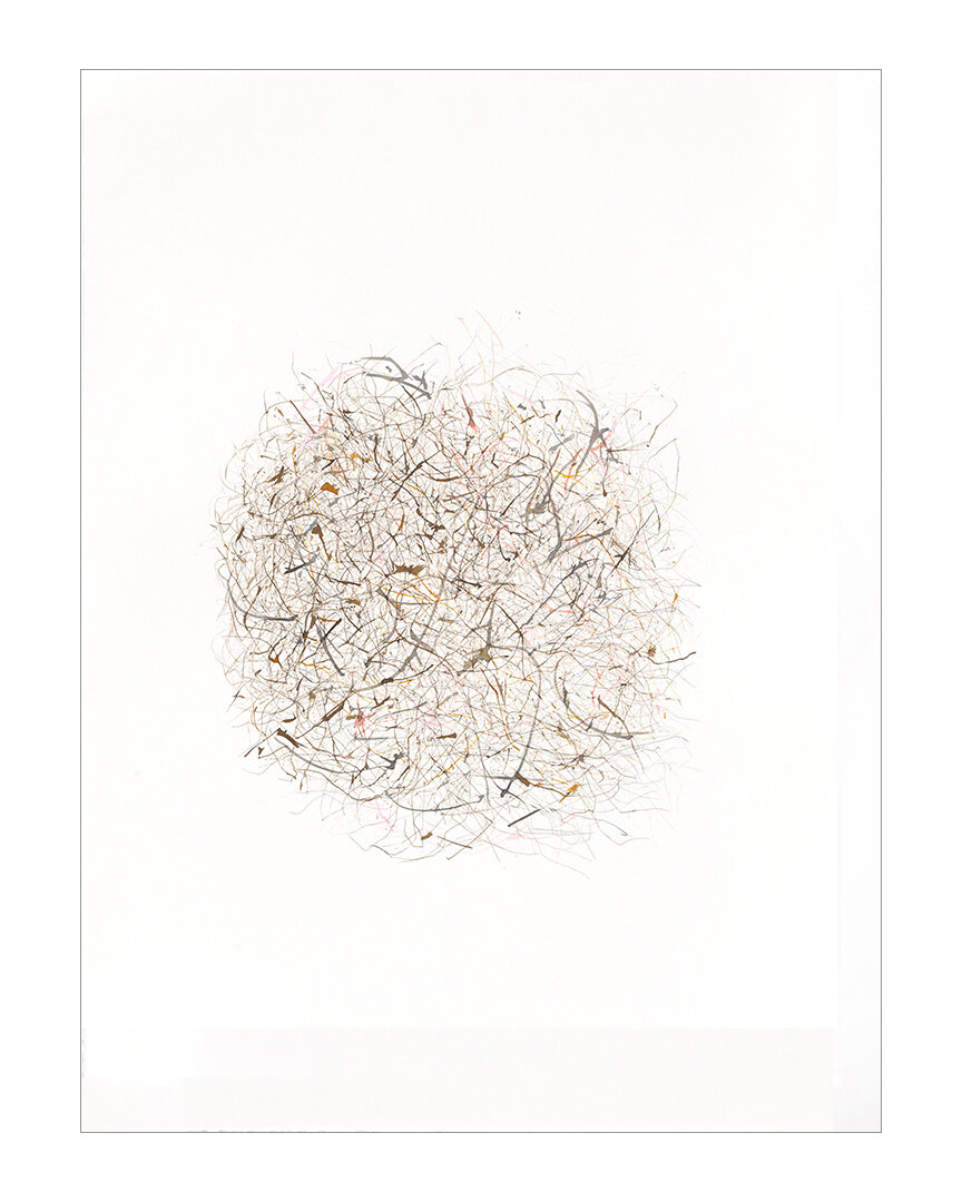  Bundle, 2020 (sold) Watercolor on Somerset 30 x 22 inches  The Unfettered Series is created using the trim waste from brochures retrieved from a printer: when dipped in ink and dragged along a surface, these thin strips of paper become mark-making t