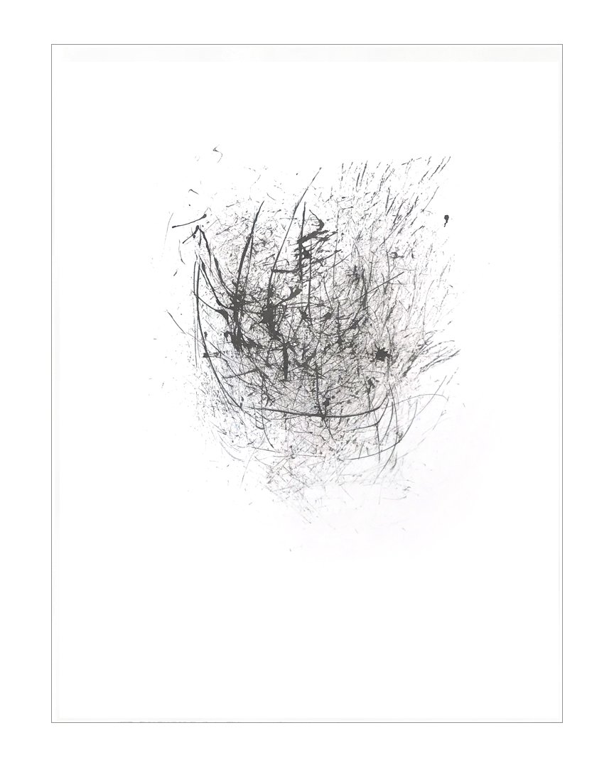  Tailspin, 2020 (sold) India Ink on Somerset 30 x 22 inches  The Unfettered Series is created using the trim waste from brochures retrieved from a printer: when dipped in ink and dragged along a surface, these thin strips of paper become mark-making 