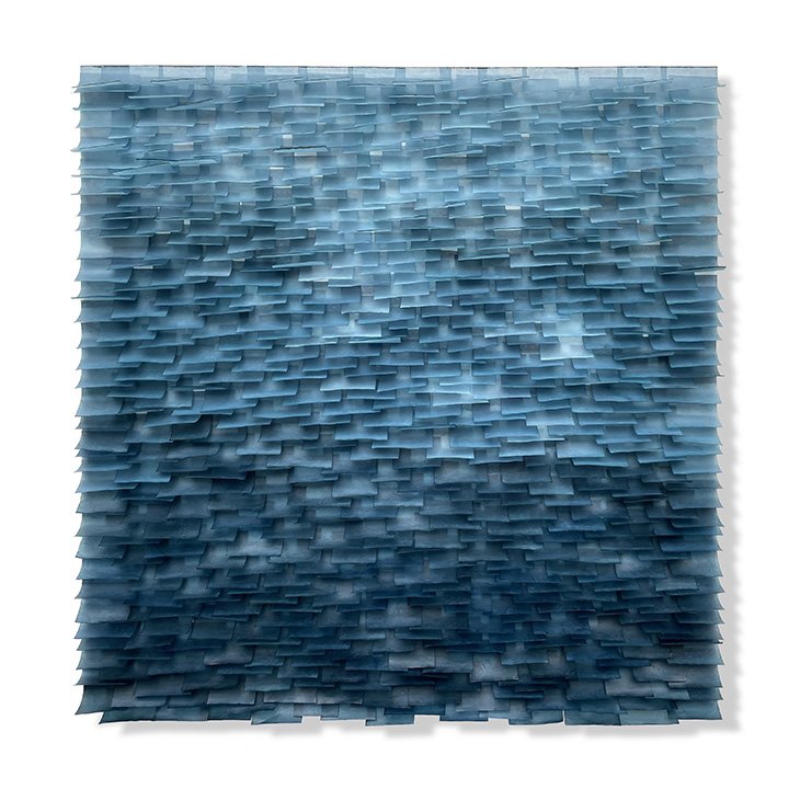  Flutter, 2021  Mulberry paper, watercolor, wax  20 x 20 x 2 inches  The Flutter series is designed to evoke the texture of ocean water.  The pieces in this series attempt to capture the ever-changing light, transparency and movement of the ocean’s s