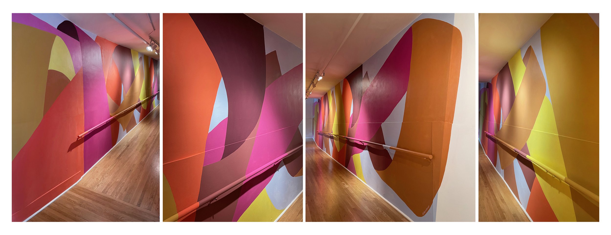  Incline Gallery Meandering Mural, 2023 8.5 x 40 feet Recycled house paint  “Meandering” is designed to draw the viewer up the long Incline Gallery access ramp. Bright colors and emphatic ribbon-like shapes carry the liveliness of Valencia Street int