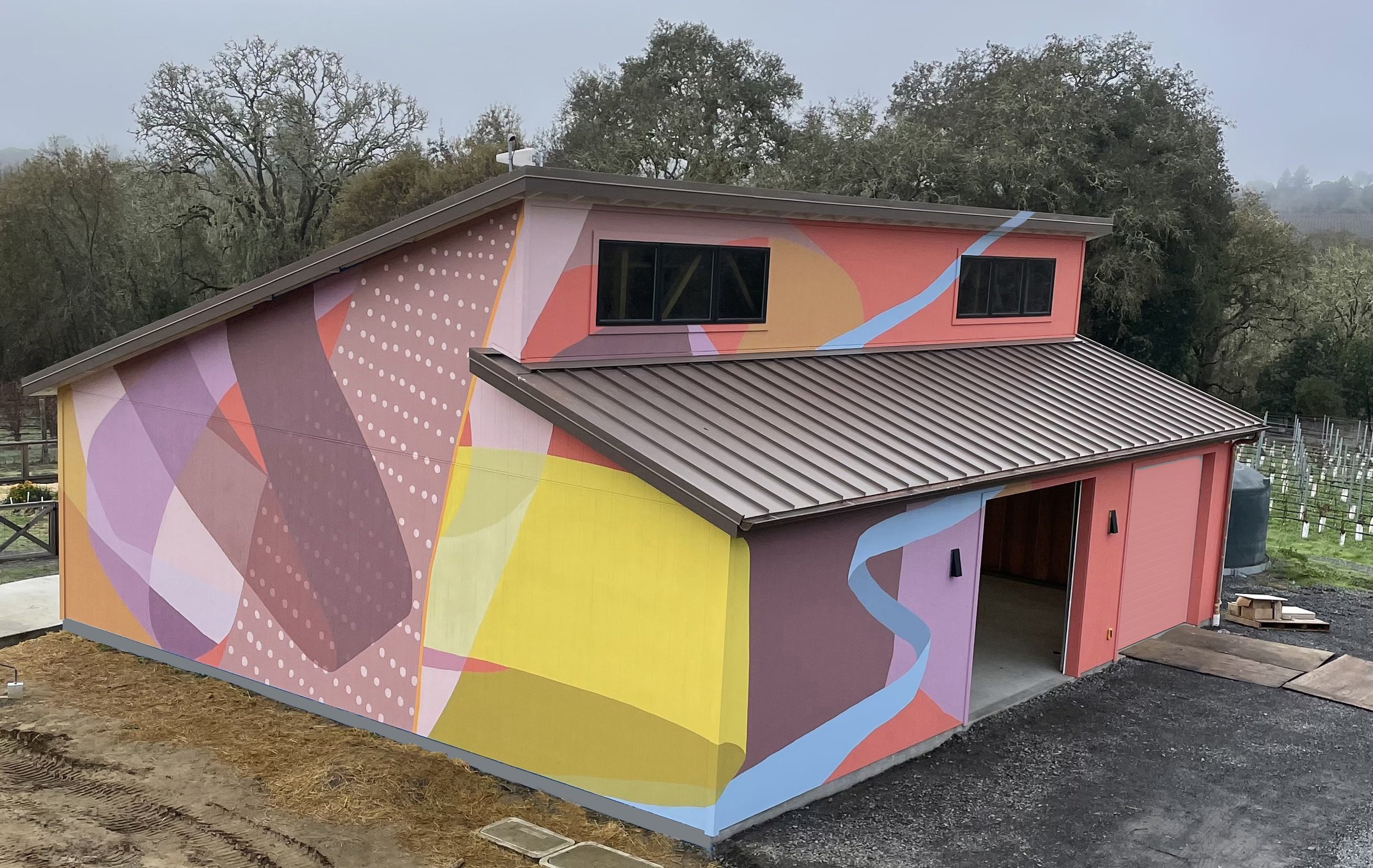  Chokmalichi barn, Sebastopol, CA, 2023  Earth and Sky  1,400 SF  The barn, surrounded by pinot noir vineyards, is the focal point of the view from the main house, and acts as a backdrop to a colorful flower and vegetable garden where the mural color