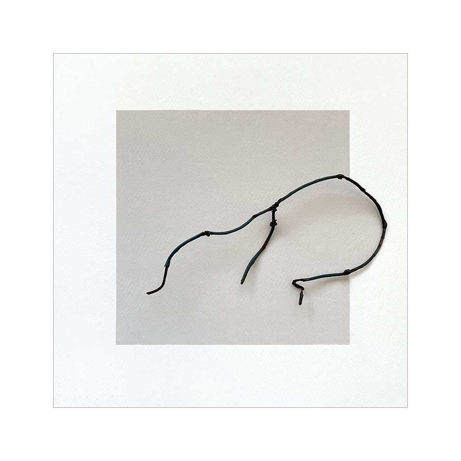 Branch 1 , 2023 (sold) Gouache, found metal, and thread 9 x 9 Inches The Found series is a collection of discarded objects that have gathered in my studio over the years, collected from walks in the neighborhood. These hang on my studio wall, to