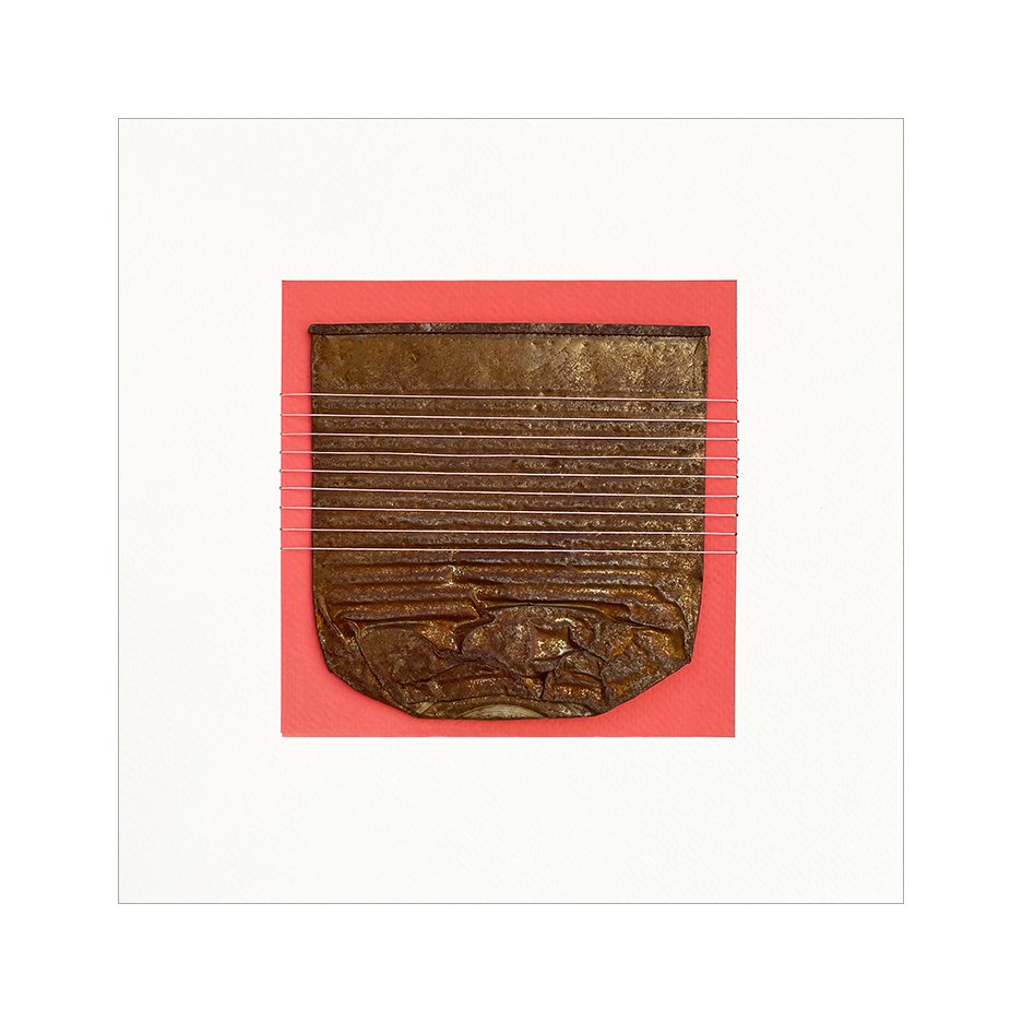   Washboard , 2023  ( Gouache, found metal, and thread 9 x 9 Inches  The Found series is a collection of discarded objects that have gathered in my studio over the years, collected from walks in the neighborhood. These hang on my studio wall, to be a