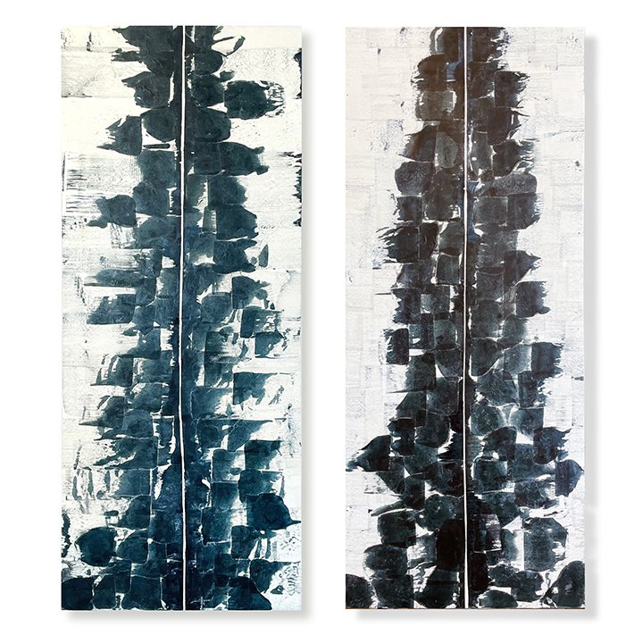  Ground Seams 2 (sold) and 1 (available), 2021  Encaustic, Mulberry Paper, India Ink 60 x 24 x 1.75 inches (each)   Beneath our feet, tectonic plates shift and push the earth. Where the Pacific plate subducts the North American, a wrinkled, folded Be