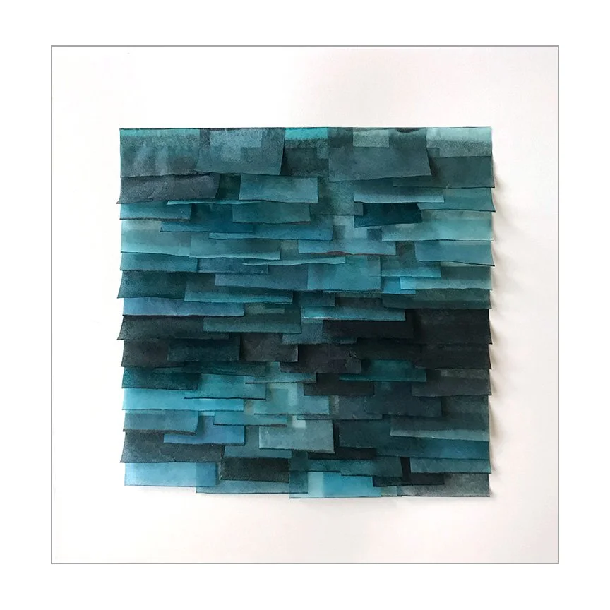 Light Flutter 12, 2019 (sold) Mulberry paper, watercolor, wax 10.5 x 10.5 x2 inches The Flutter series is designed to evoke the texture of ocean water. The pieces in this series attempt to capture the ever-changing light, transparency and movement