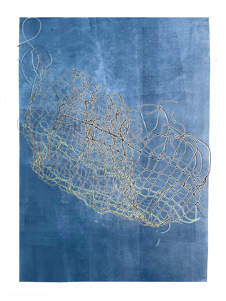 Exhale 3, 2025 Monotype, waxed thread 22 × 30 inches I’m attracted to mundane and discarded everyday materials. Various types of netting have been a recurring obsession. The subtle distortions of the warp and weft create evocative forms, transformi