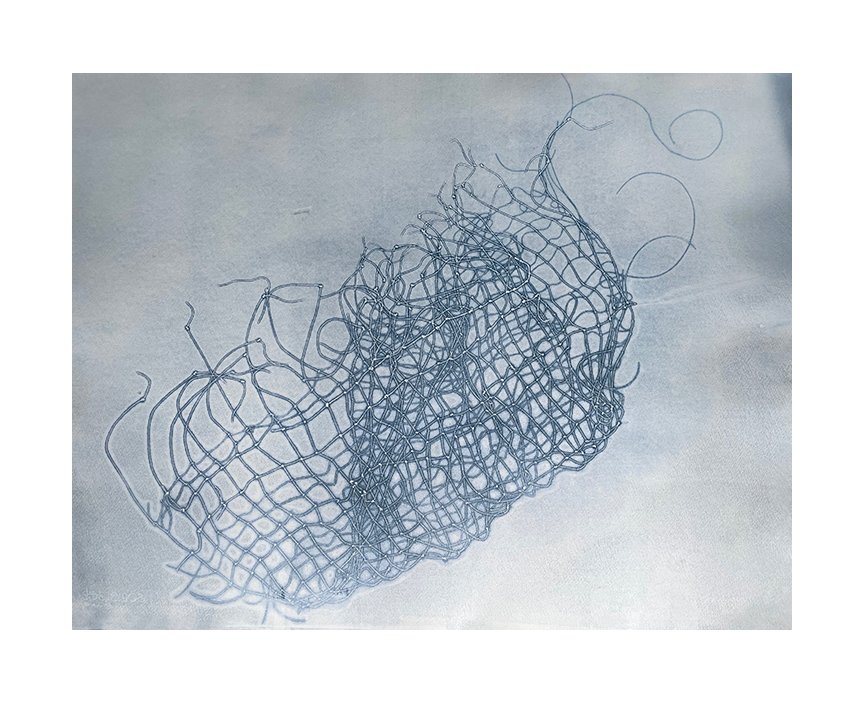Exhale 3, 2025 Monotype, waxed thread 22 × 30 inches I’m attracted to mundane and discarded everyday materials. Various types of netting have been a recurring obsession. The subtle distortions of the warp and weft create evocative forms, transformi