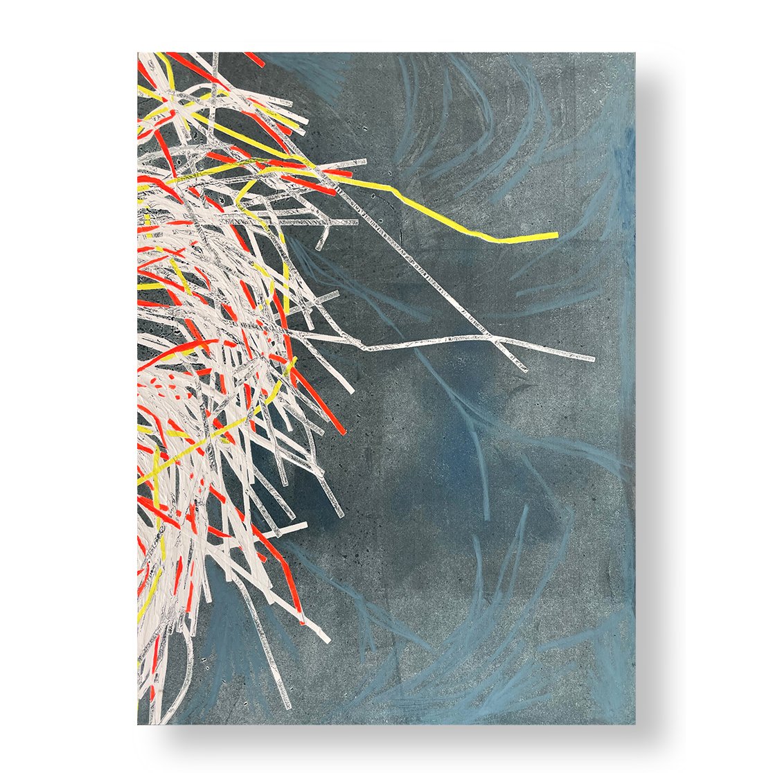 At Loose End, 2025 16 × 12 inches Monotype, Akua, Fabriano mounted on panel Discarded paper strips, left-over relics of the making process, are repurposed into impromptu arrangements that echo themes found elsewhere in my work: the beauty of rust
