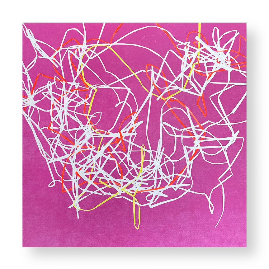 Unhidged, 2025 12 × 12 inches Monotype, Akua, Fabriano mounted on panel Discarded paper strips, left-over relics of the making process, are repurposed into impromptu arrangements that echo themes found elsewhere in my work: the beauty of rust-col