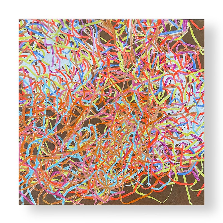Unraveling 1, 2025 10 × 10 inches Monotype, Akua, Fabriano mounted on panel Discarded paper strips, left-over relics of the making process, are repurposed into impromptu arrangements that echo themes found elsewhere in my work: the beauty of rust-