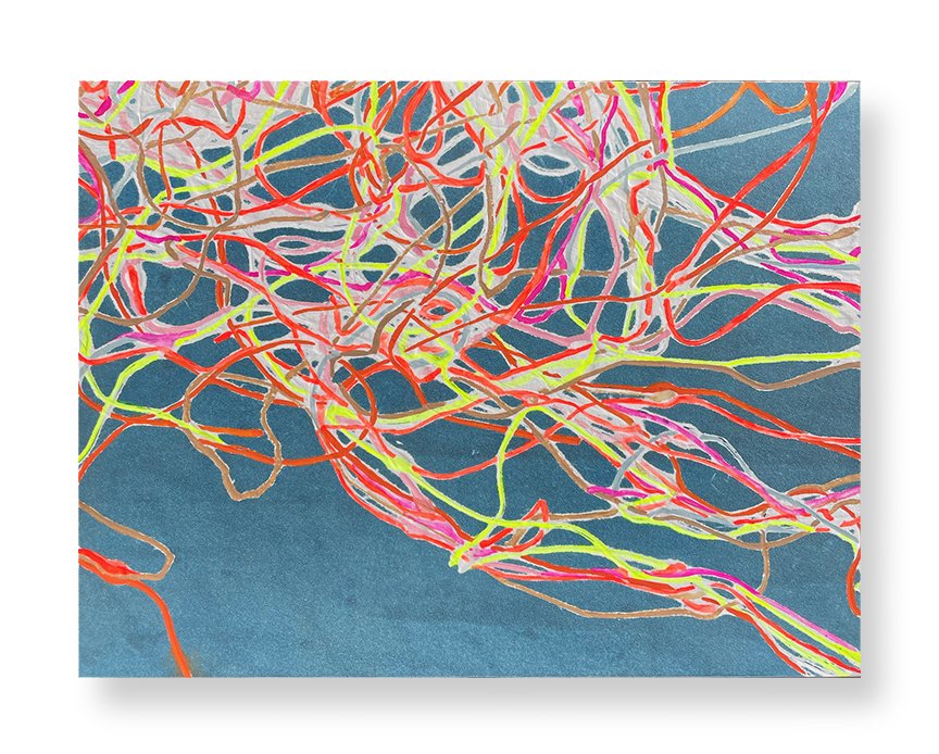Coming Undone, 2025 6 × 6inches Monotype, Akua, paper mounted on panel Discarded paper strips, left-over relics of the making process, are repurposed into impromptu arrangements that echo themes found elsewhere in my work: the beauty of rust-color