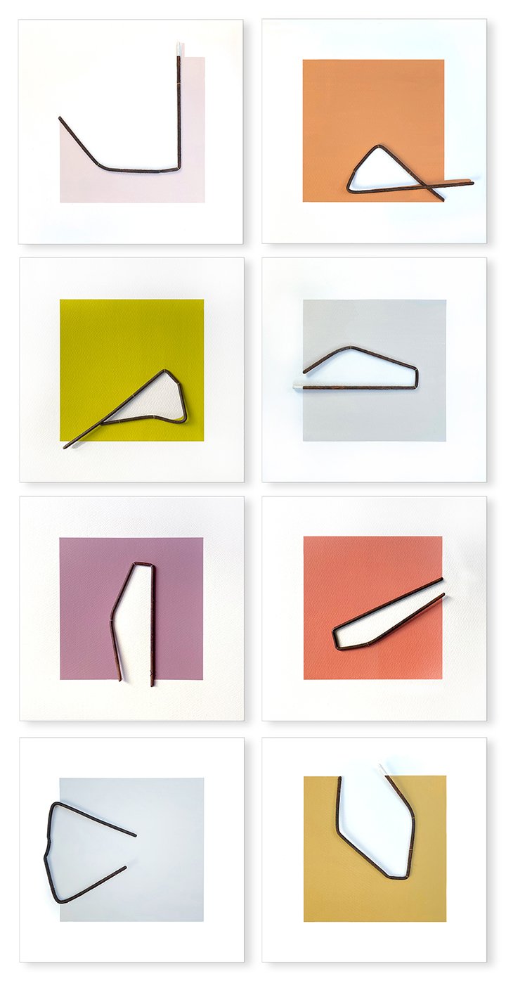 Foraged grouping 4, 2025 Found garden stakes, gouache, thread on paper (framed) 44 × 22 x 1.5 inches Placing an object into a new context can have a transformative impact: what was previously overlooked now becomes worthy of contemplation, a starti