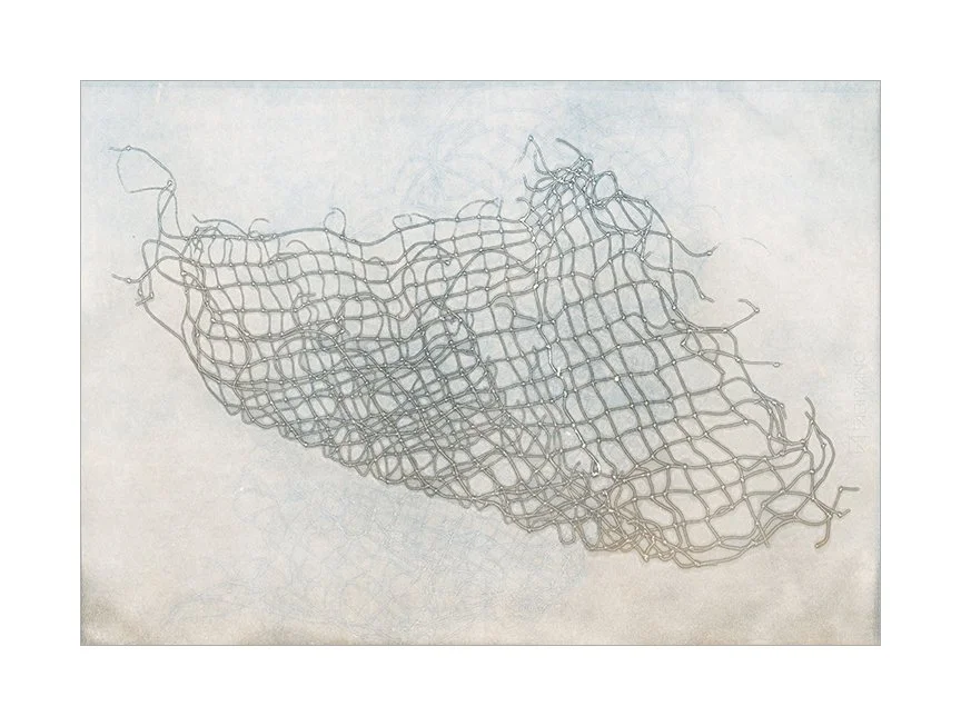 Exhale 3, 2025 Monotype, waxed thread 22 × 30 inches I’m attracted to mundane and discarded everyday materials. Various types of netting have been a recurring obsession. The subtle distortions of the warp and weft create evocative forms, transformi