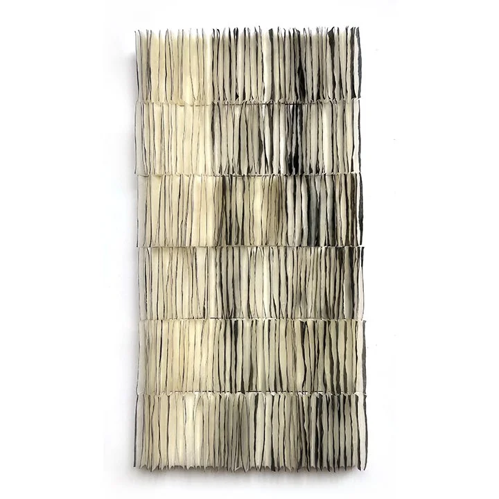 Gills, 2025 Mulberry paper, encaustic, watercolor on wood panel 30 × 15 x .5 inches Inspired by the gills on the underside of mushrooms.