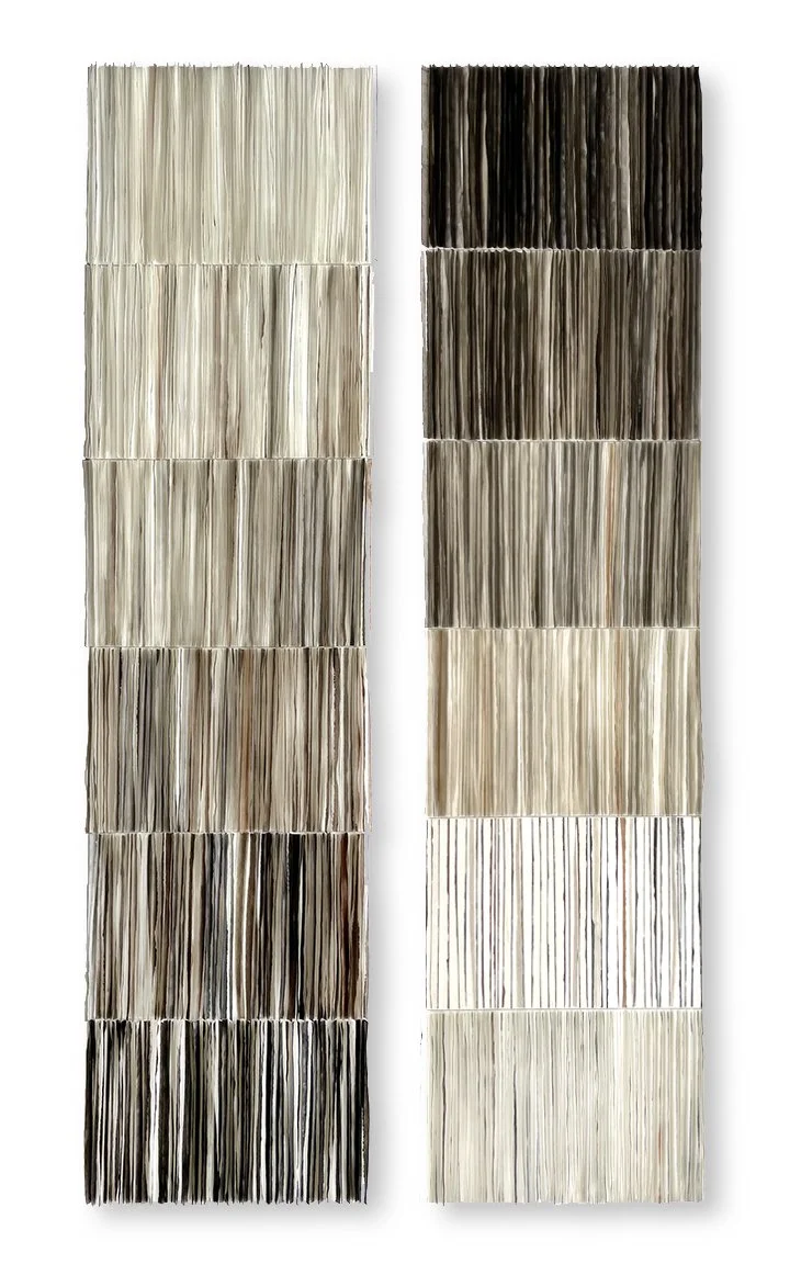 Gills 4 and 5, 2025 Mulberry paper, encaustic, ink and watercolor on panel 48 × 12 × 1.5 inches Inspired by the gills on the underside of mushrooms.