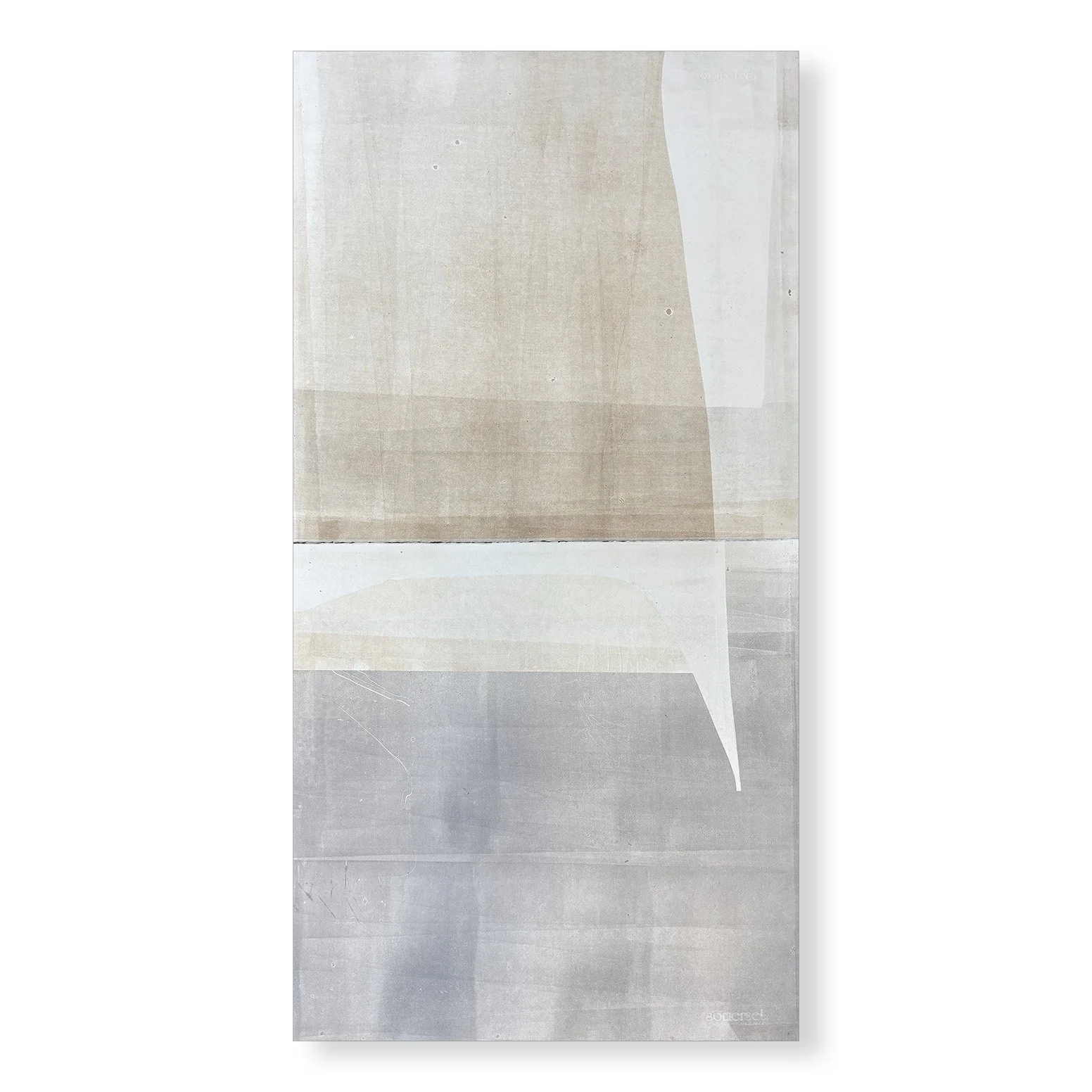  Underfoot 3, 2025 44.5 x 22.25 inches  Monotype   Underfoot highlights the visual qualities of the humble concrete sidewalk squares that receive our daily footsteps as we make our way through city streets. I love urban walking, and sidewalks offer a