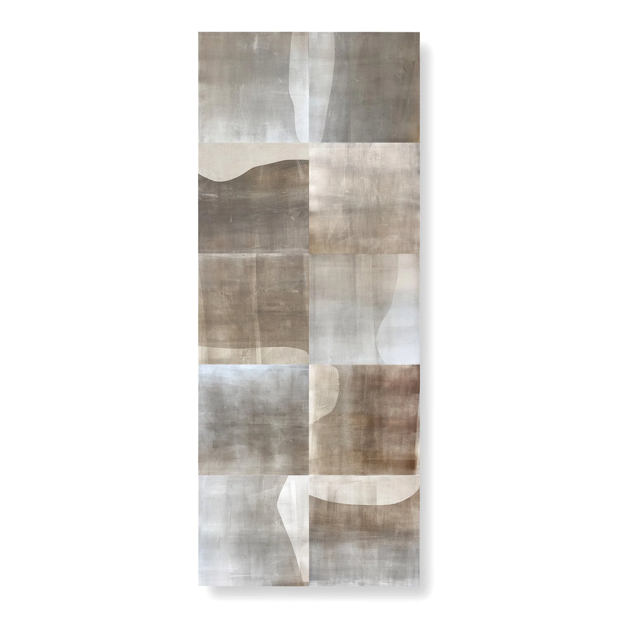  Underfoot 10, 2025 111.25 × 44.5 inches  Monotype   Underfoot highlights the visual qualities of the humble concrete sidewalk squares that receive our daily footsteps as we make our way through city streets. I love urban walking, and sidewalks offer