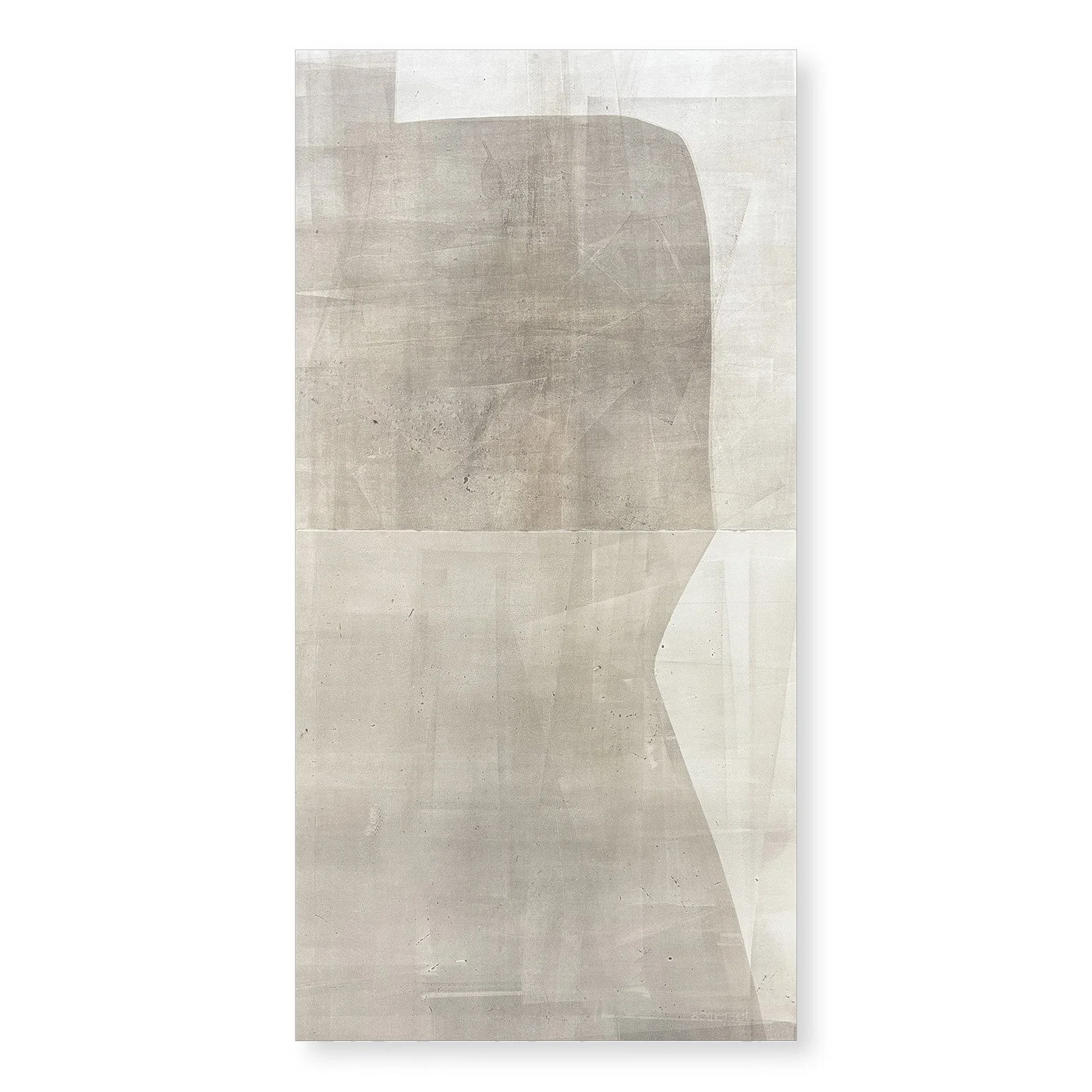  Underfoot 4, 2025 44.5 x 22.25 inches  Monotype   Underfoot highlights the visual qualities of the humble concrete sidewalk squares that receive our daily footsteps as we make our way through city streets. I love urban walking, and sidewalks offer a