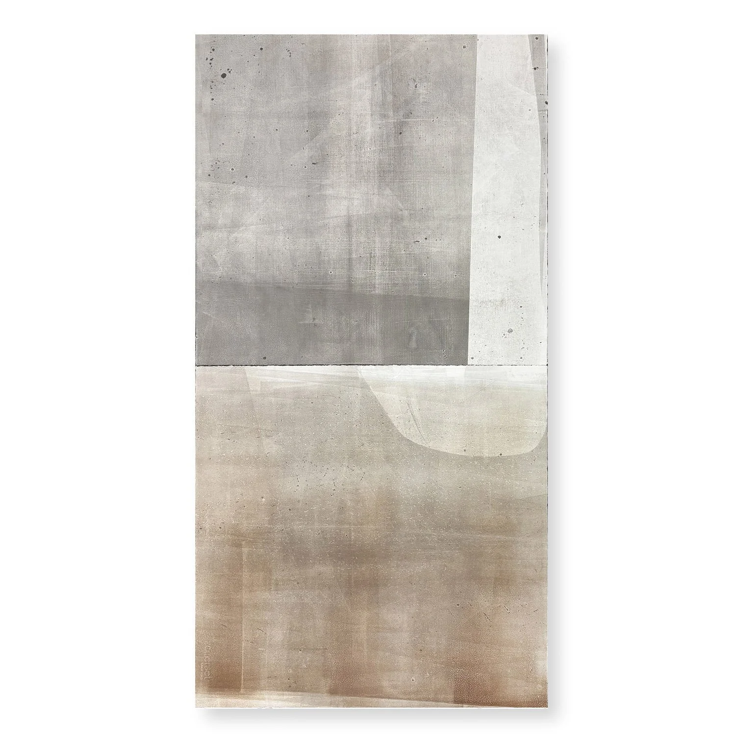  Underfoot 5, 2025 44.5 x 22.25 inches  Monotype   Underfoot highlights the visual qualities of the humble concrete sidewalk squares that receive our daily footsteps as we make our way through city streets. I love urban walking, and sidewalks offer a