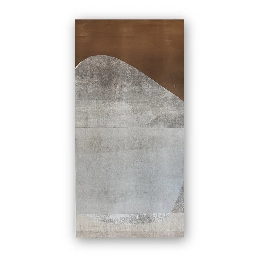  Underfoot 9, 2025 39 × 19.5 inches  Monotype   Underfoot highlights the visual qualities of the humble concrete sidewalk squares that receive our daily footsteps as we make our way through city streets. I love urban walking, and sidewalks offer an e