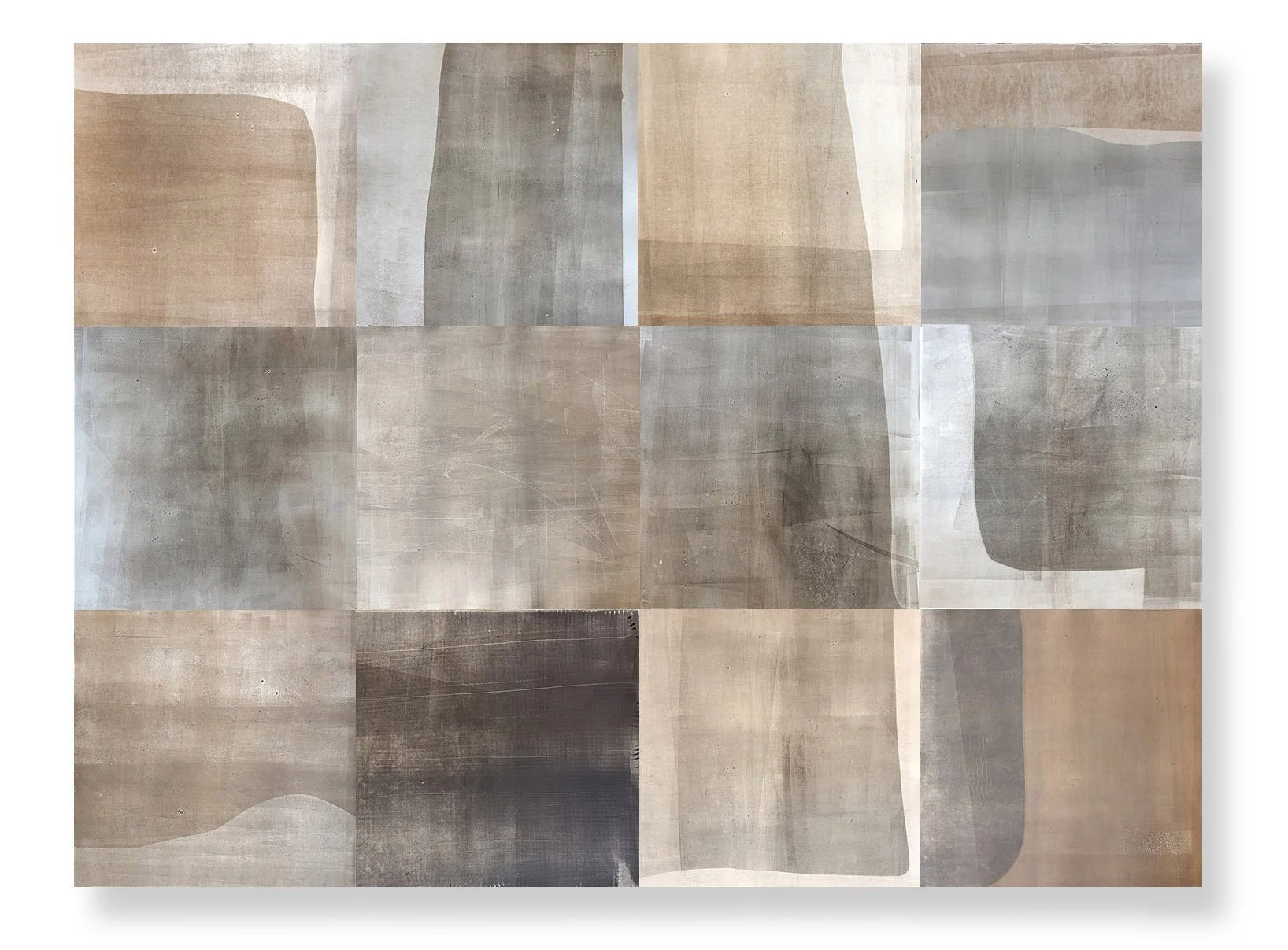  Underfoot 12, 2025 67.5 × 90 inches  Monotype   Underfoot highlights the visual qualities of the humble concrete sidewalk squares that receive our daily footsteps as we make our way through city streets. I love urban walking, and sidewalks offer an 