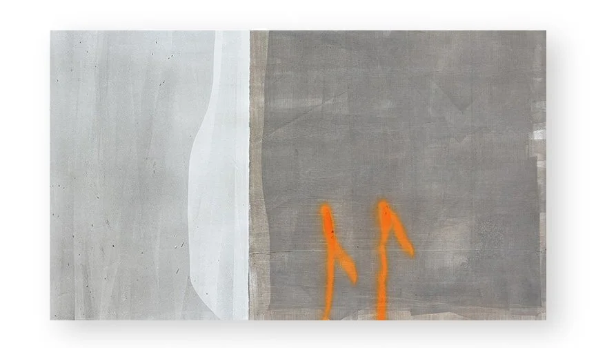  Underfoot 2, 2025 22.5 × 33.75 inches  Monotype   Underfoot highlights the visual qualities of the humble concrete sidewalk squares that receive our daily footsteps as we make our way through city streets. I love urban walking, and sidewalks offer a