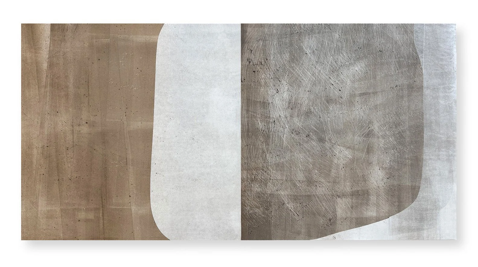  Underfoot 7, 2025 22.25 x 44.5 inches  Monotype   Underfoot highlights the visual qualities of the humble concrete sidewalk squares that receive our daily footsteps as we make our way through city streets. I love urban walking, and sidewalks offer a