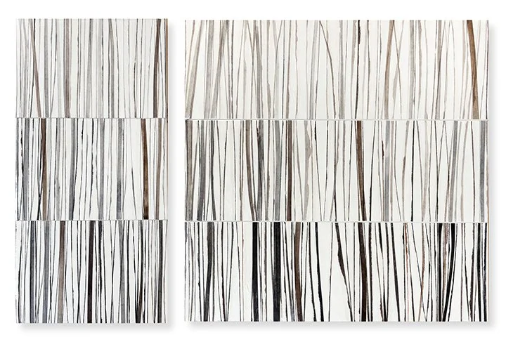  Gills 3, 2025  Mulberry paper, encaustic, watercolor, ink on wood panel (paper is embedded in the wax ground) 24 × 40&nbsp;x .5 inches (diptych)  Inspired by the gills on the underside of mushrooms. 