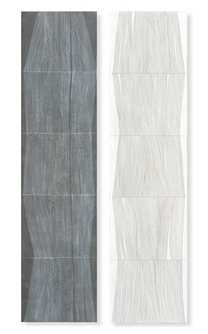  Fragmented Loom 14 (dark gray) and 15 (white) 2025 Encaustic, oil on panel 48 x 12 x 1.75 inches&nbsp;each  I am attracted to looms for their complex simplicity. I love the interaction of line and plane, of warp and weft, in and out, up and down. Th