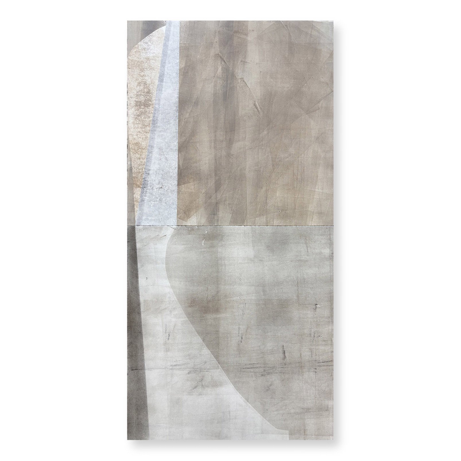  Underfoot 15, 2025 44.5 x 22.25 inches  Monotype   Underfoot highlights the visual qualities of the humble concrete sidewalk squares that receive our daily footsteps as we make our way through city streets. I love urban walking, and sidewalks offer 