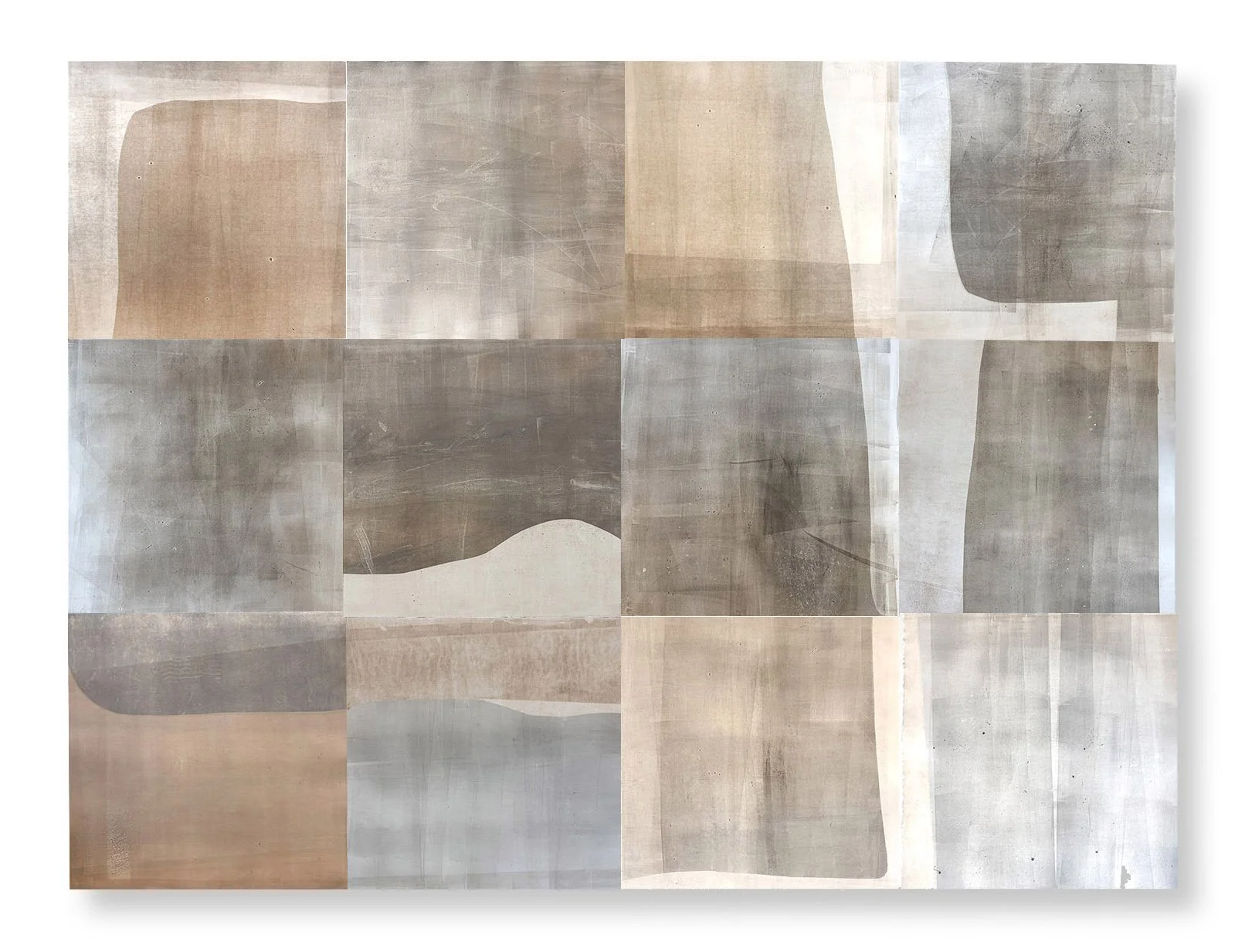  Sidewalking 22, 2025 67.5 × 90 inches  Monotype   The Sidewalking series highlights the visual qualities of the concrete sidewalk squares that receive our daily footsteps as we make our way through city streets. I love urban walking, and sidewalks o