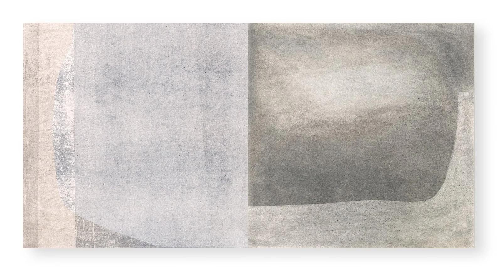  Sidewalking 16, 2025 39 × 19.5 inches  Monotype on left and powdered pigment reductive drawing on right  The Sidewalking series highlights the visual qualities of the concrete sidewalk squares that receive our daily footsteps as we make our way thro