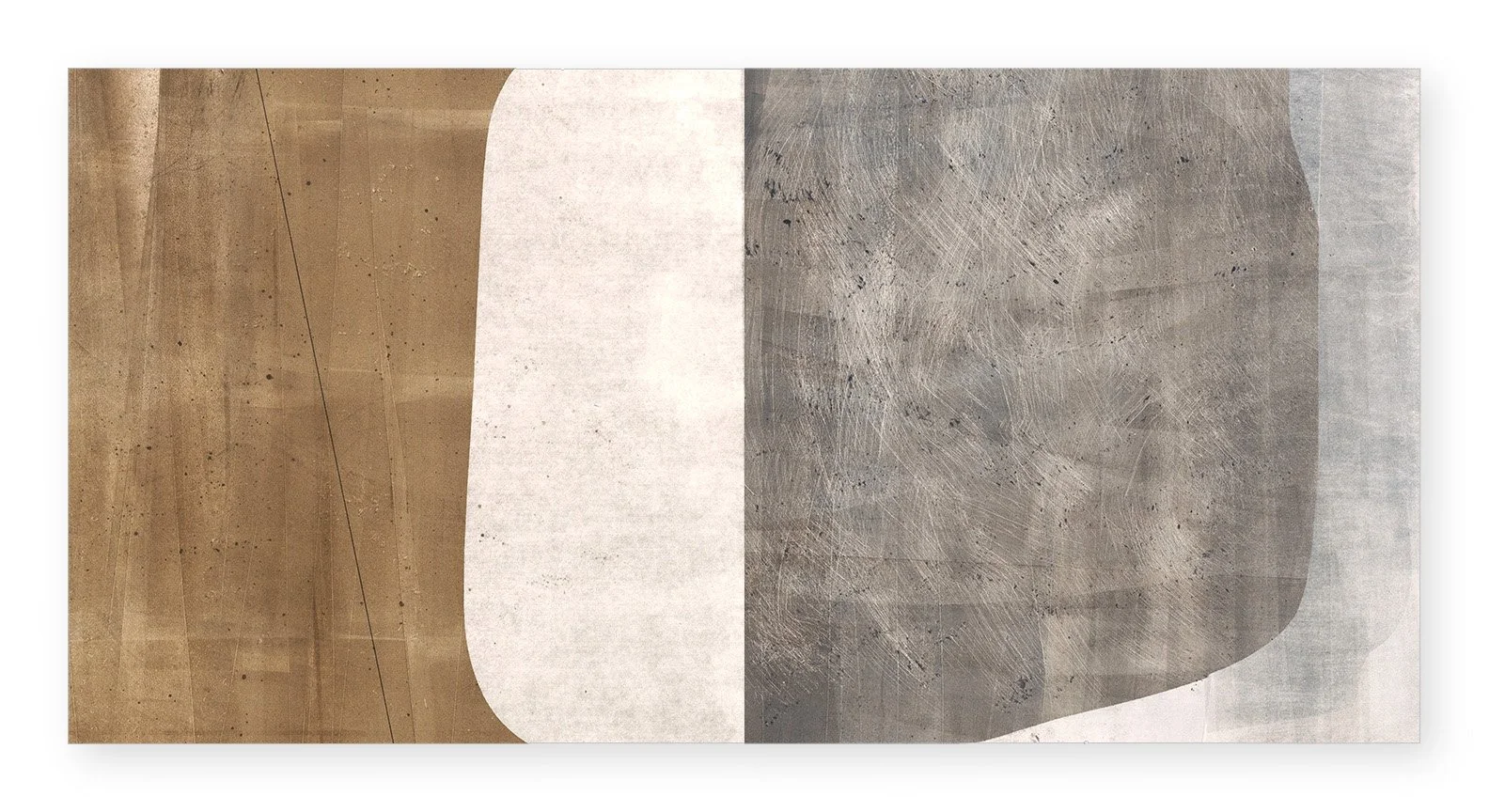  Sidewalking 7, 2025 19.5 × 39 inches  Monotype   The Sidewalking series highlights the visual qualities of the concrete sidewalk squares that receive our daily footsteps as we make our way through city streets. I love urban walking, and sidewalks of