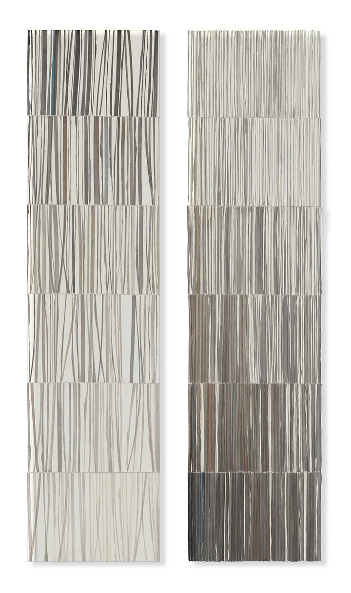  Gills 6 and 7, 2025 Mulberry paper, encaustic, ink and watercolor on panel 48 × 12&nbsp;× 1.5 inches (each panel)  Inspired by the gills on the underside of mushrooms. 