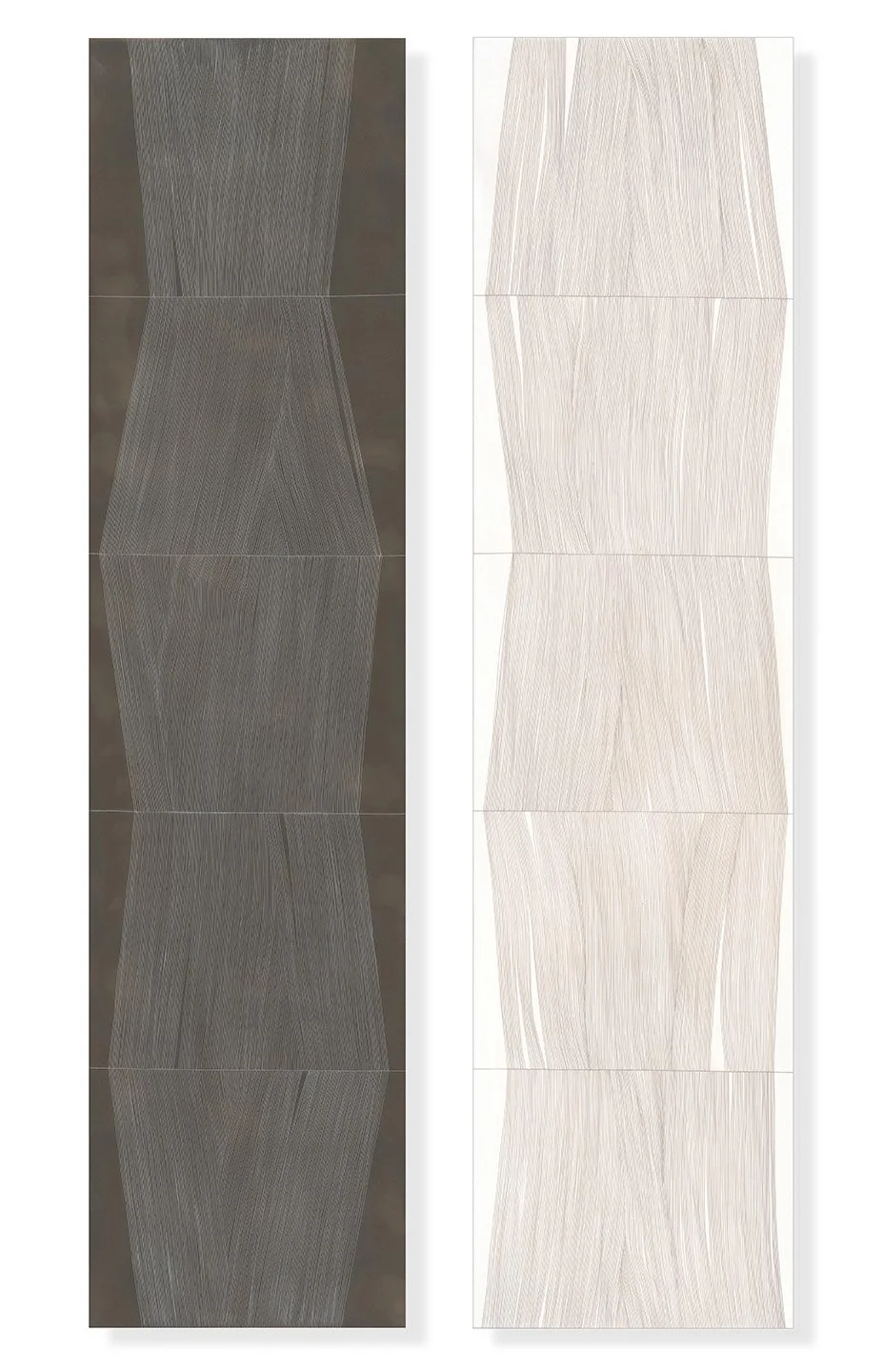  Fragmented Loom 21 (dark gray) and 15 (white) 2025 Encaustic, oil on panel 48 x 12 x 1.75 inches&nbsp;each  I am attracted to looms for their complex simplicity. I love the interaction of line and plane, of warp and weft, in and out, up and down. Th