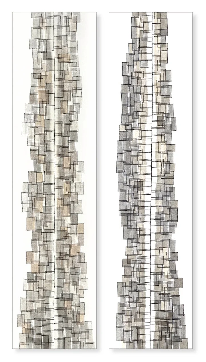  Fog and Faultline 2 and 3, 2025  Encaustic, Mulberry paper, India ink 48 × 12 x 1 5/8 inches  Although they occur on vastly different time scales, weather and tectonic activity have together shaped the California coastal landscape and the City of Sa