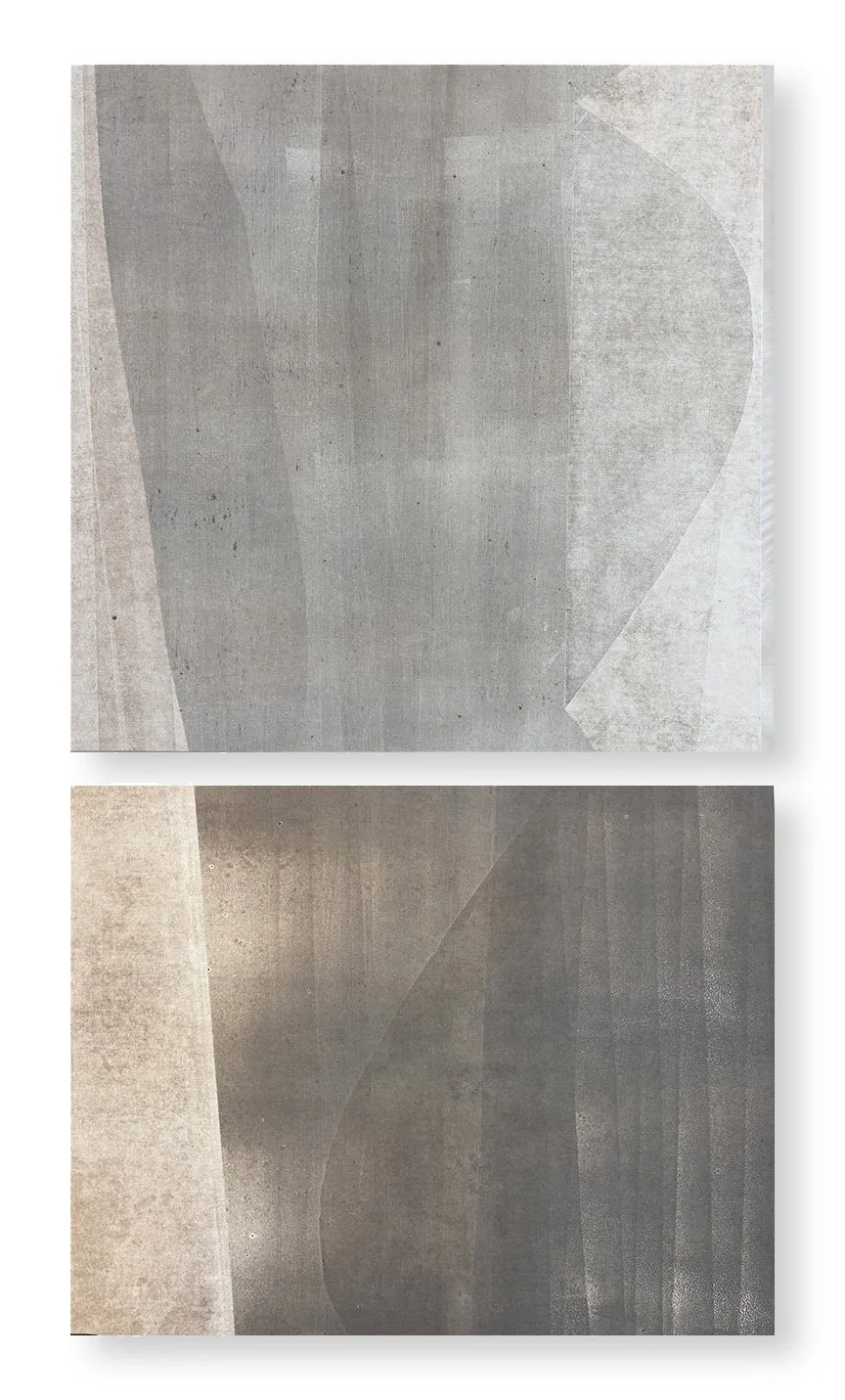  Sidewalking 27, 2025 32 × 18 inches  Monotype   The Sidewalking series highlights the visual qualities of the concrete sidewalk squares that receive our daily footsteps as we make our way through city streets. I love urban walking, and sidewalks off