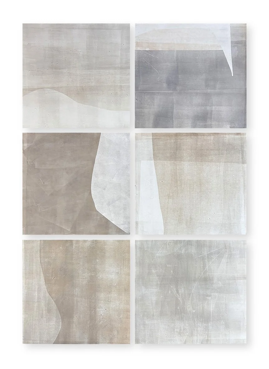  Sidewalking 33, 2025 60 × 40 inches (mounted on panel) Monotype   The Sidewalking series highlights the visual qualities of the concrete sidewalk squares that receive our daily footsteps as we make our way through city streets. I love urban walking,