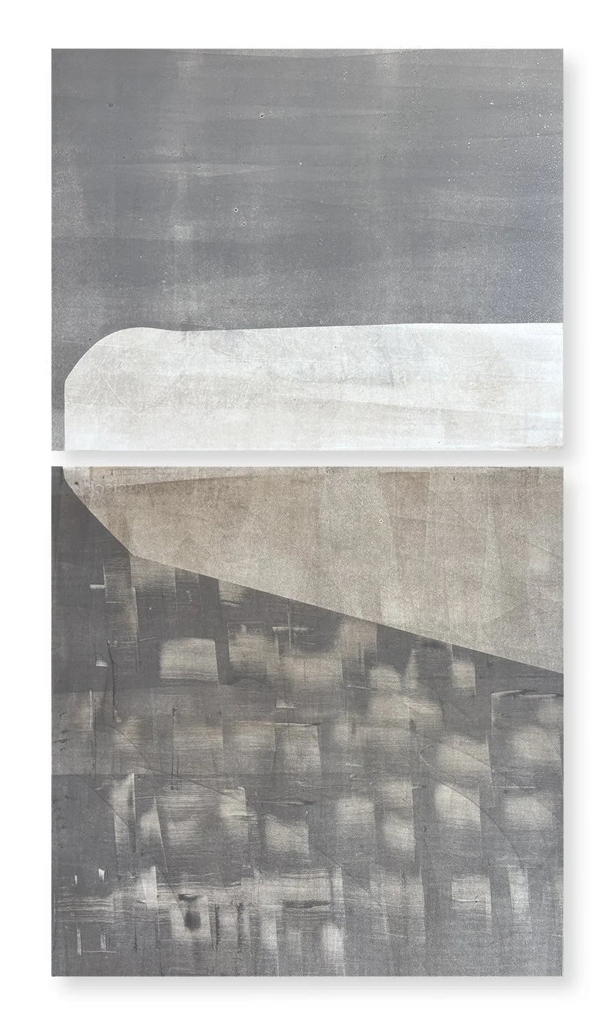  Sidewalking 20, 2025 36 × 20 inches  Monotype   The Sidewalking series highlights the visual qualities of the concrete sidewalk squares that receive our daily footsteps as we make our way through city streets. I love urban walking, and sidewalks off