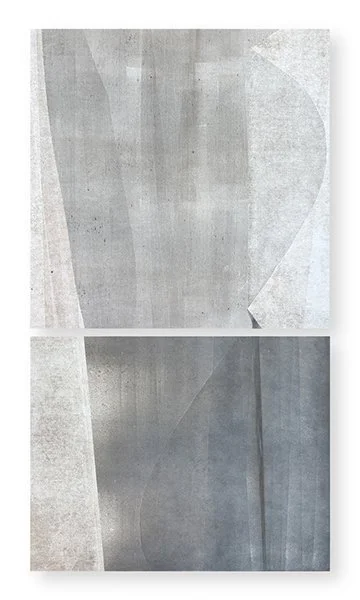  Sidewalking 27, 2025 32 × 18 inches  Monotype   The Sidewalking series highlights the visual qualities of the concrete sidewalk squares that receive our daily footsteps as we make our way through city streets. I love urban walking, and sidewalks off