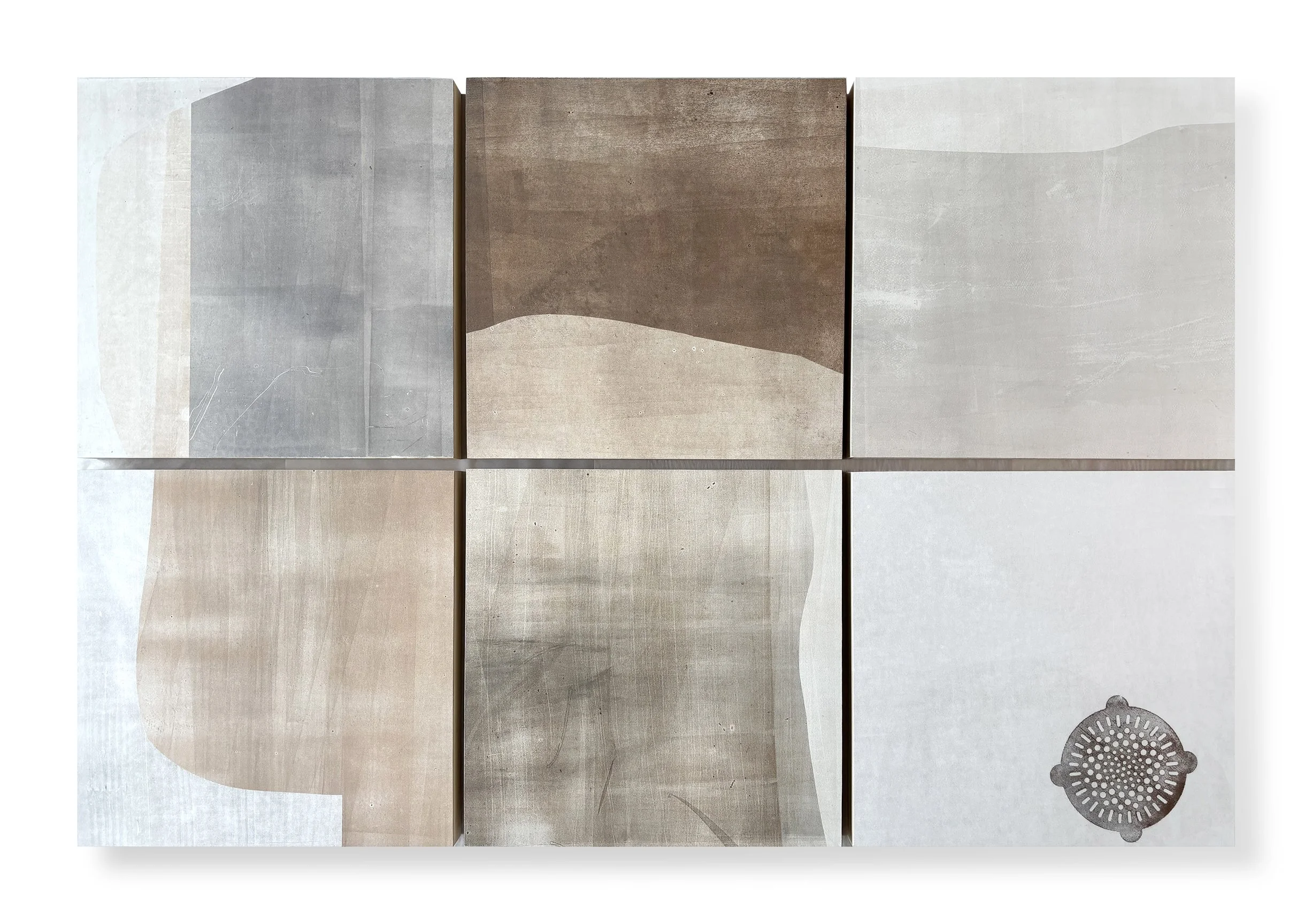  Sidewalking 36, 2025 38 × 54 inches  Monotype mounted on wood panel  Sidewalking highlights the visual qualities of the concrete sidewalk squares that receive our daily footsteps as we make our way through city streets. I love urban walking, and sid