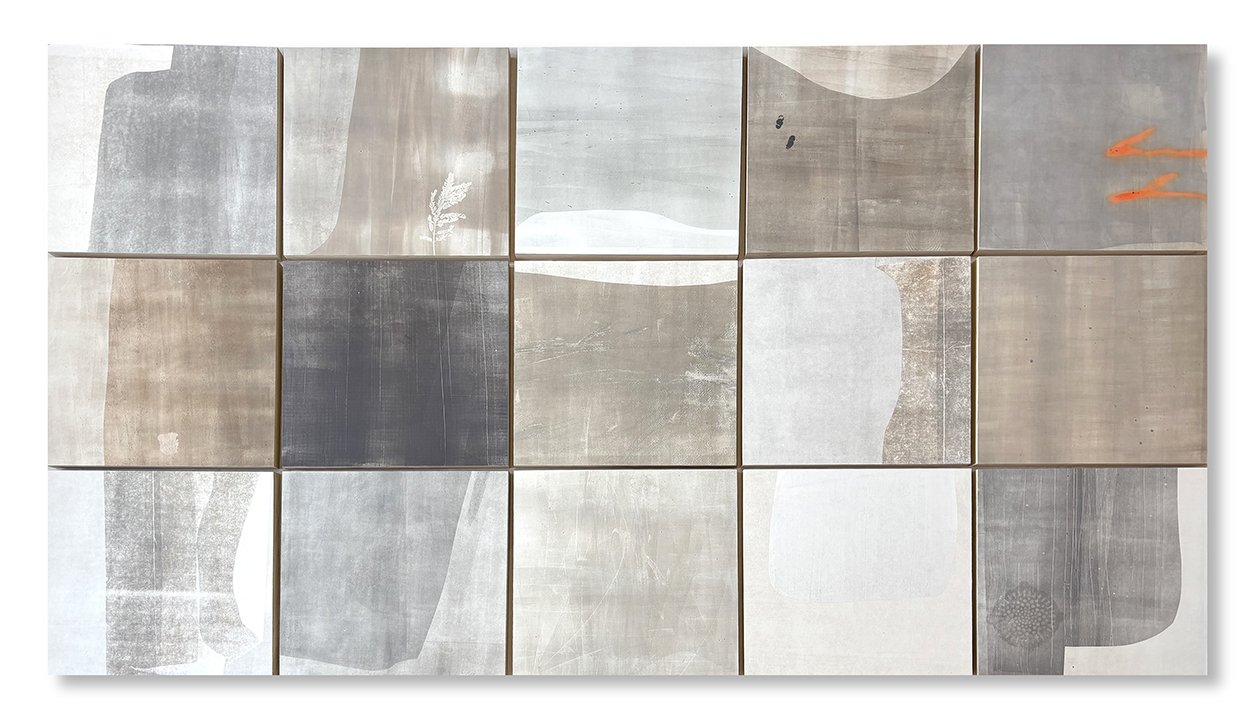  Sidewalking 15, 2025 60 × 80 inches  Monotype mounted on panel  Sidewalking highlights the visual qualities of the concrete sidewalk squares that receive our daily footsteps as we make our way through city streets. I love urban walking, and sidewalk