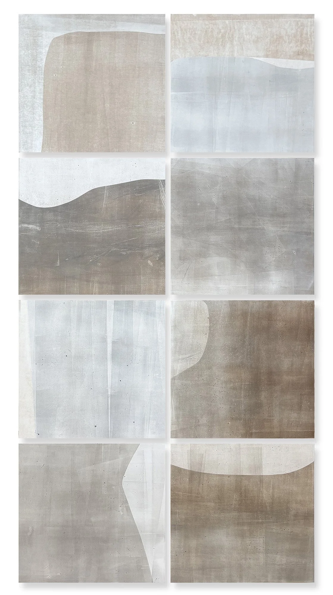  Sidewalking grouping of 8, 2025 80 × 40 inches Monotype   The Sidewalking series highlights the visual qualities of the concrete sidewalk squares that receive our daily footsteps as we make our way through city streets. I love urban walking, and sid