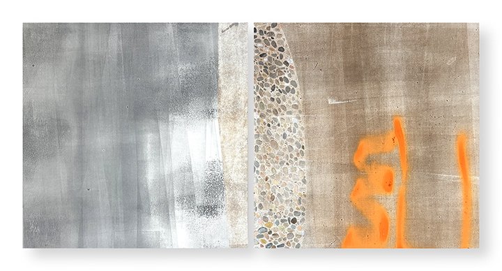  Sidewalking 34, 2025 18 × 36 inches Monotype, spray paint, watercolor  The Sidewalking series highlights the visual qualities of the concrete sidewalk squares that receive our daily footsteps as we make our way through city streets. I love urban wal