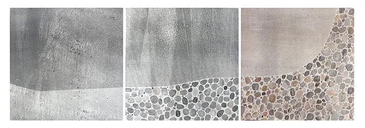  Sidewalk Sampling 3, 2, 1, 2026 8 × 8 inches each Monotype, spray paint, watercolor  The Sidewalking series highlights the visual qualities of the concrete sidewalk squares that receive our daily footsteps as we make our way through city streets. I 