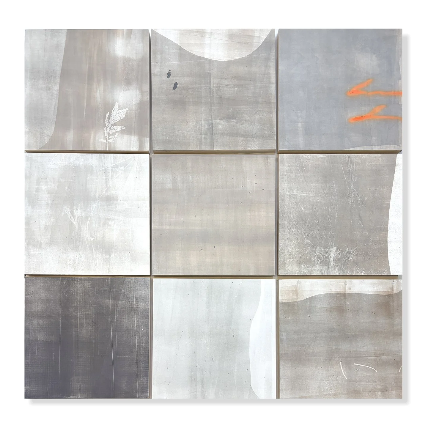  Sidewalking grouping of 9, 2025 60 × 60 inches Monotype, spray paint   The Sidewalking series highlights the visual qualities of the concrete sidewalk squares that receive our daily footsteps as we make our way through city streets. I love urban wal