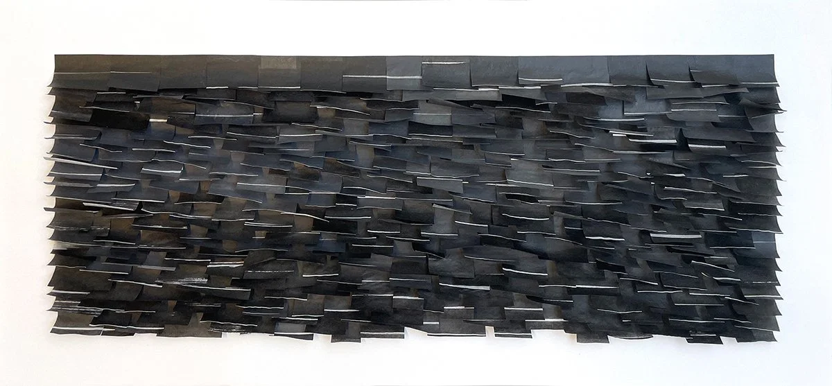  Evening Lake 3, 2021  Mulberry paper, wax, ink on panel 14 × 30 inches (framed)  The mood and texture of space, light and organic form has formed an important part of my work. Inspired by the ephemeral and the anecdotal, these series represent an ex