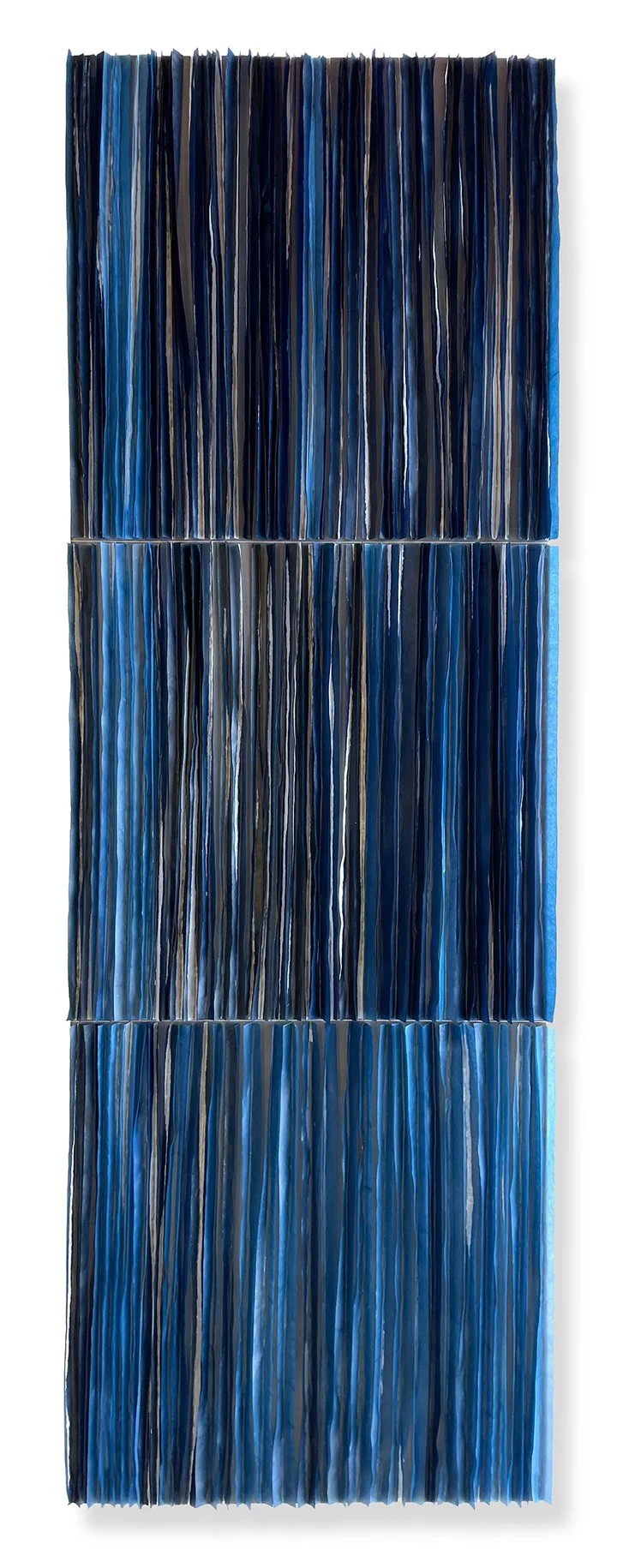  Plunge 7, 2025 Mulberry paper, wax, watercolor on wood panel 12 x 36&nbsp;x 1.5 inches  Plunge reflects the experience of being enveloped by water. Layers of paper and understated color create a sense of depth whose appearance goes through subtle tr