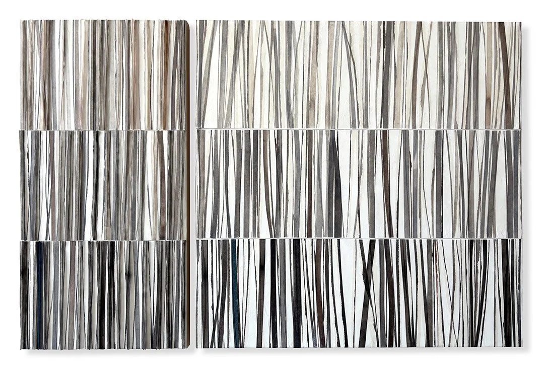  Gills 3, 2025  Mulberry paper, encaustic, watercolor, ink on wood panel (paper is embedded in the wax ground) 24 × 40&nbsp;x .5 inches (diptych)  Inspired by the gills on the underside of mushrooms. 