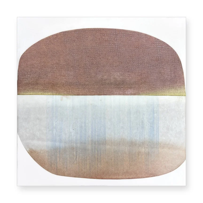  Filter 130, 2026 (sold) 8 × 8 inches Mulberry paper, watercolor, Akua intaglio ink, wax on panel  All art is a response to something — an object, a memory, scent, even weather — seen through the artist’s own filter. Swatches of texture, color and tr
